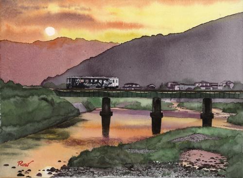 夕景の若桜鉄道第一八東川橋梁の水彩画