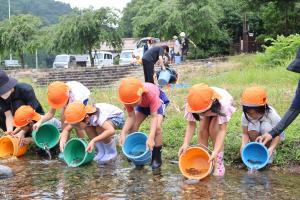 ヤマメの稚魚を放流する園児たち