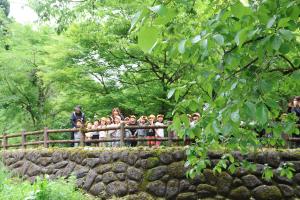 放流後に橋の上から「大きくな〜れ」と声をかける子どもたち