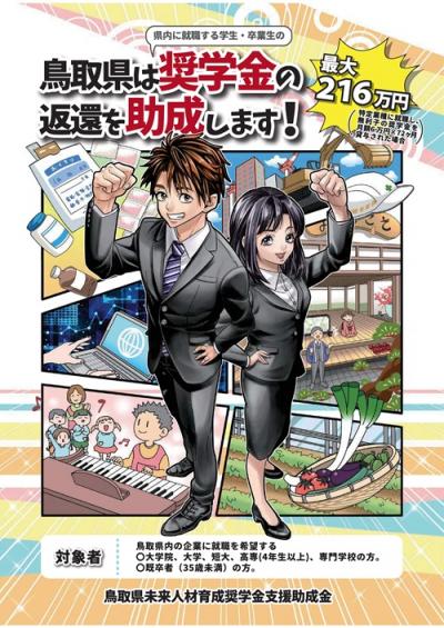 チラシ(スーツ姿で拳を突き上げる若者のイラスト、「鳥取県は奨学金の返還を助成します」等の文字)