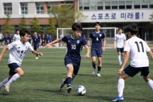 高校生がサッカーの試合をしている写真
